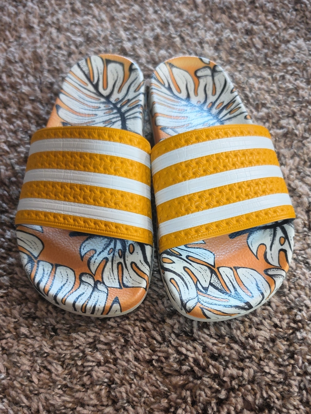 adidas Yellow and White Striped Slide Sandals with Tropical Print Footbed